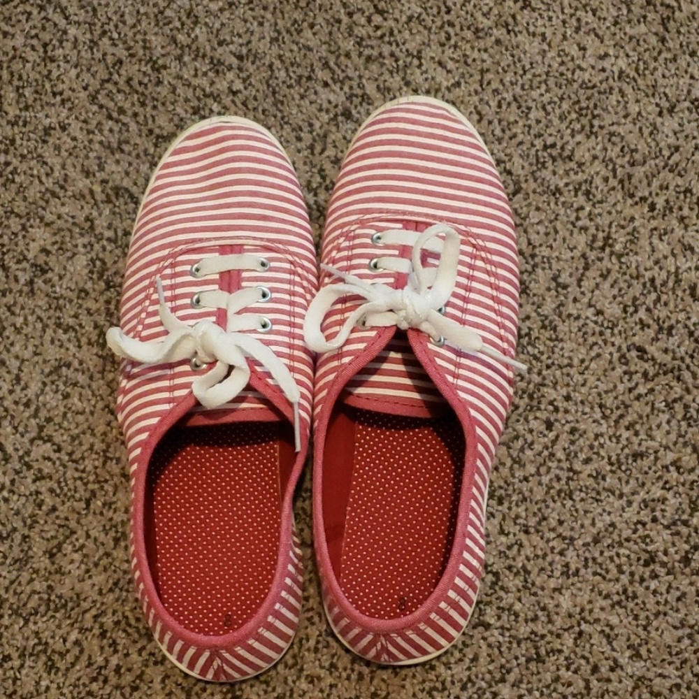 Pink and white striped canvas shoes